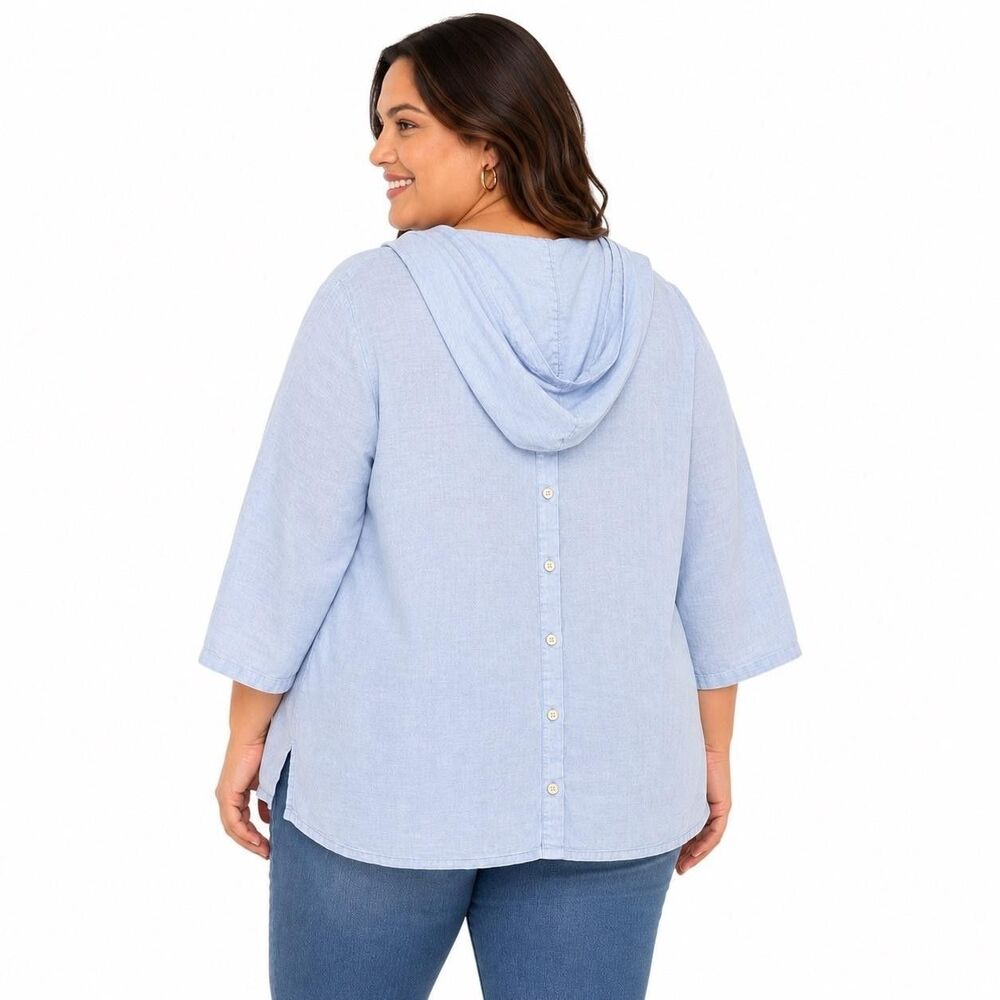 Tahari Top Womens 1X Blue Linen Hooded Tunic 3/4 Sleeve Summer Casual Blouse